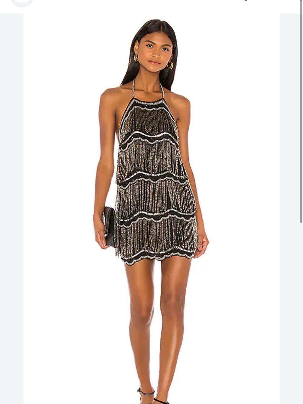 NBD Black and Gold Beaded Fringe Halter Mini Dress